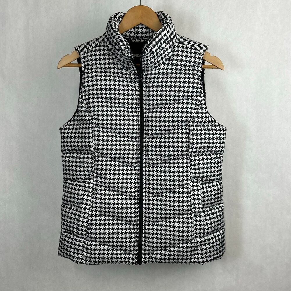 Lands' End Puffer Vest Womens Sz Small 6-8 Black White Houndstooth Check Zip Fro